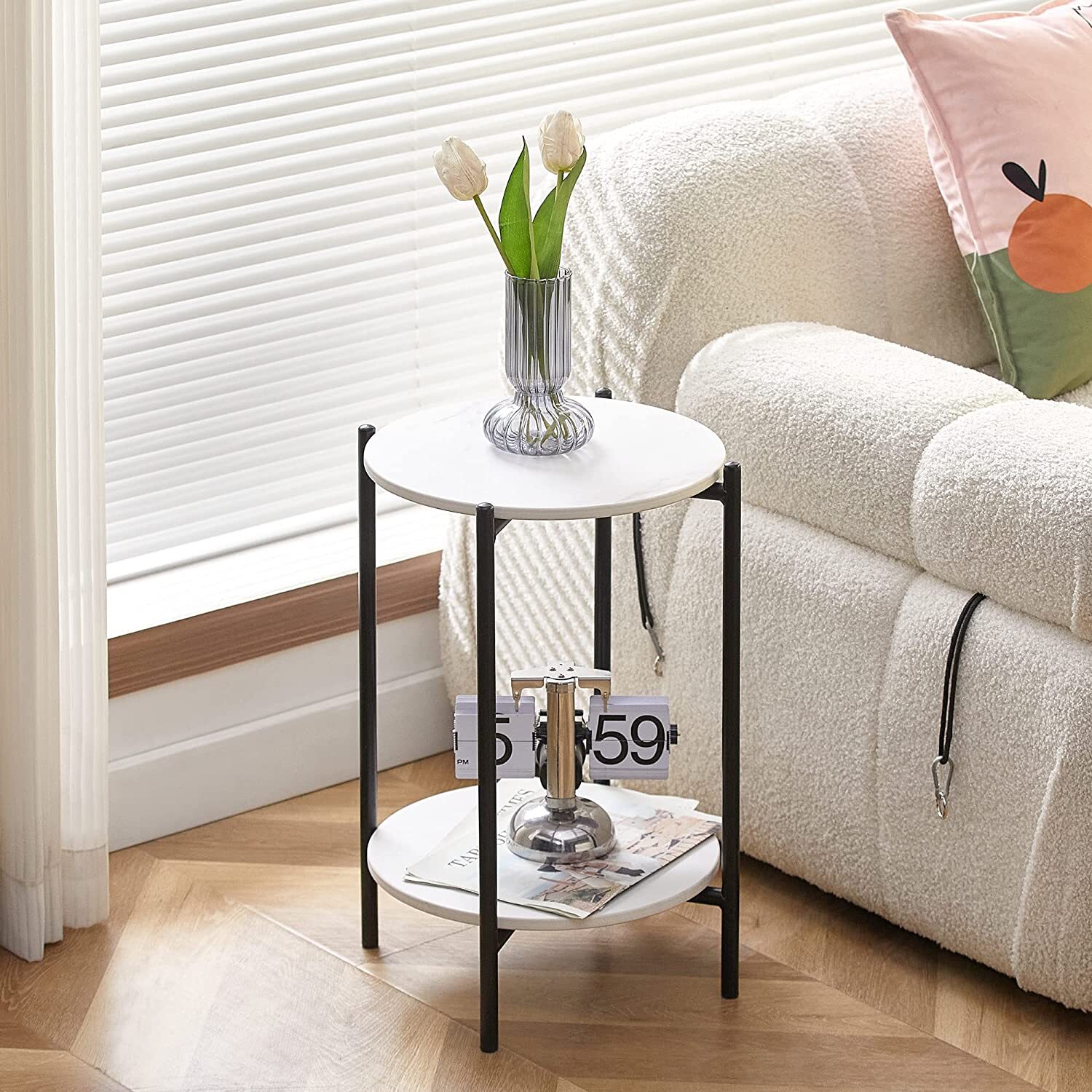 High Gloss Marble Top End Table Coffee Side Table w/ Rustproof Solid Iron Frame view 2