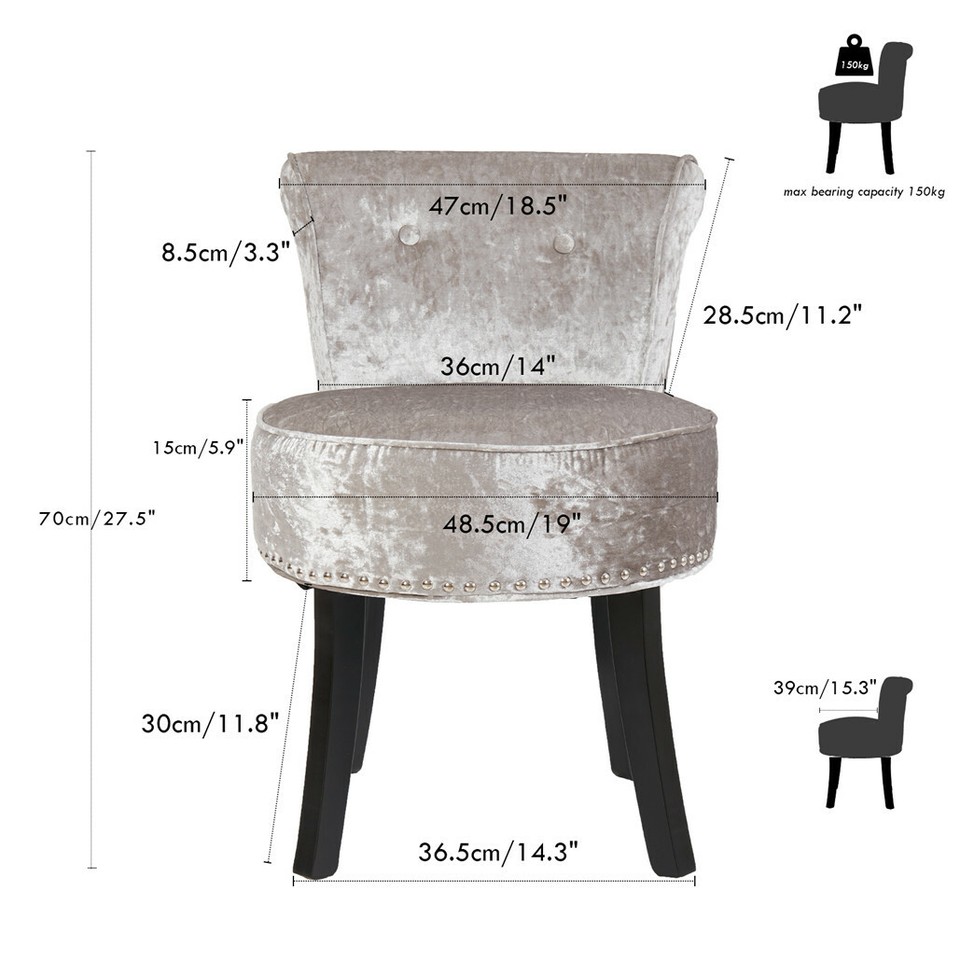 Grey Round Vanity Stool with Padded Seat and Backrest view 2