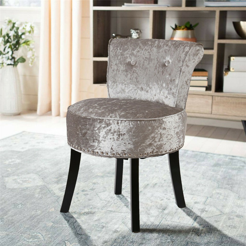 Grey Round Vanity Stool with Padded Seat and Backrest view 3