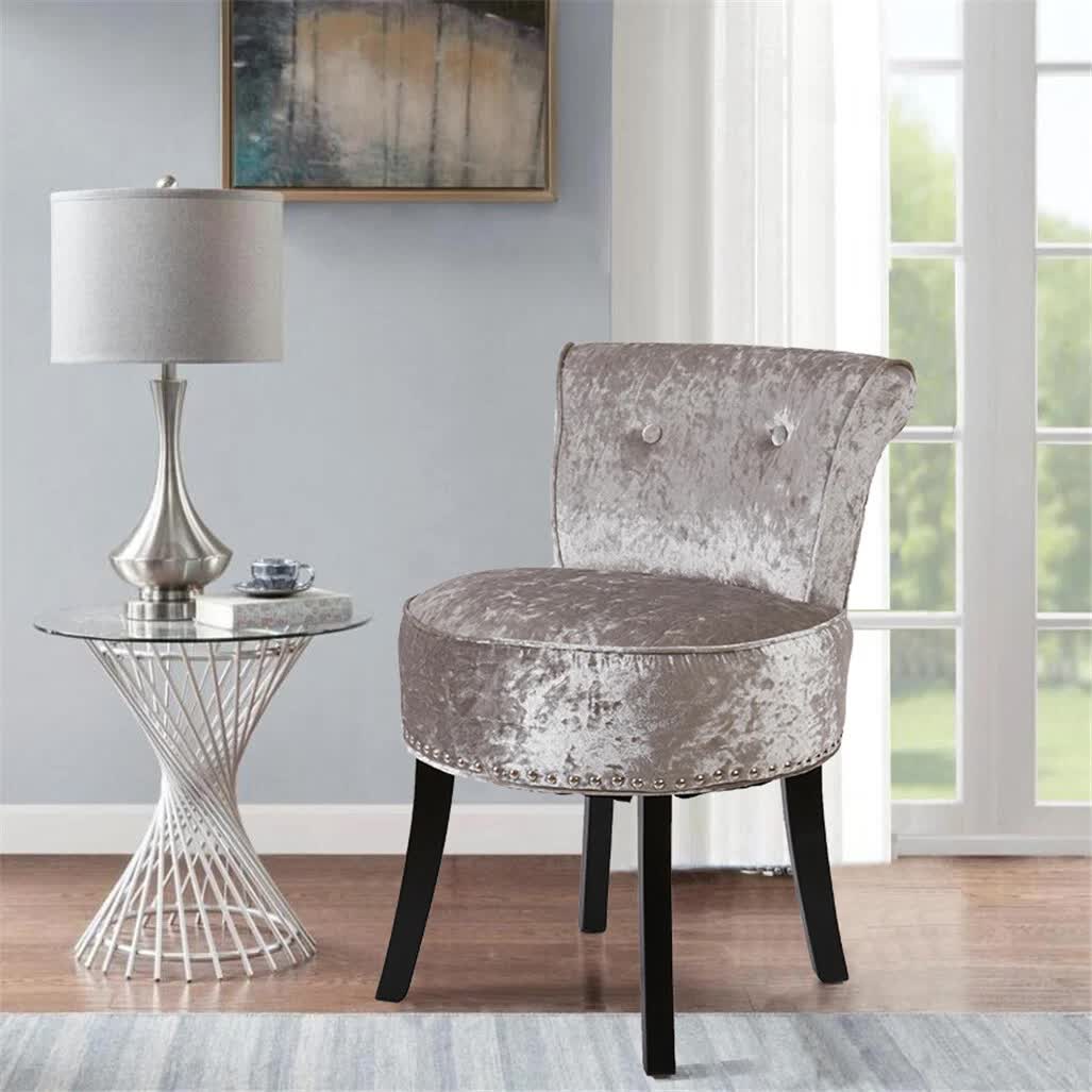 Grey Round Vanity Stool with Padded Seat and Backrest view 5