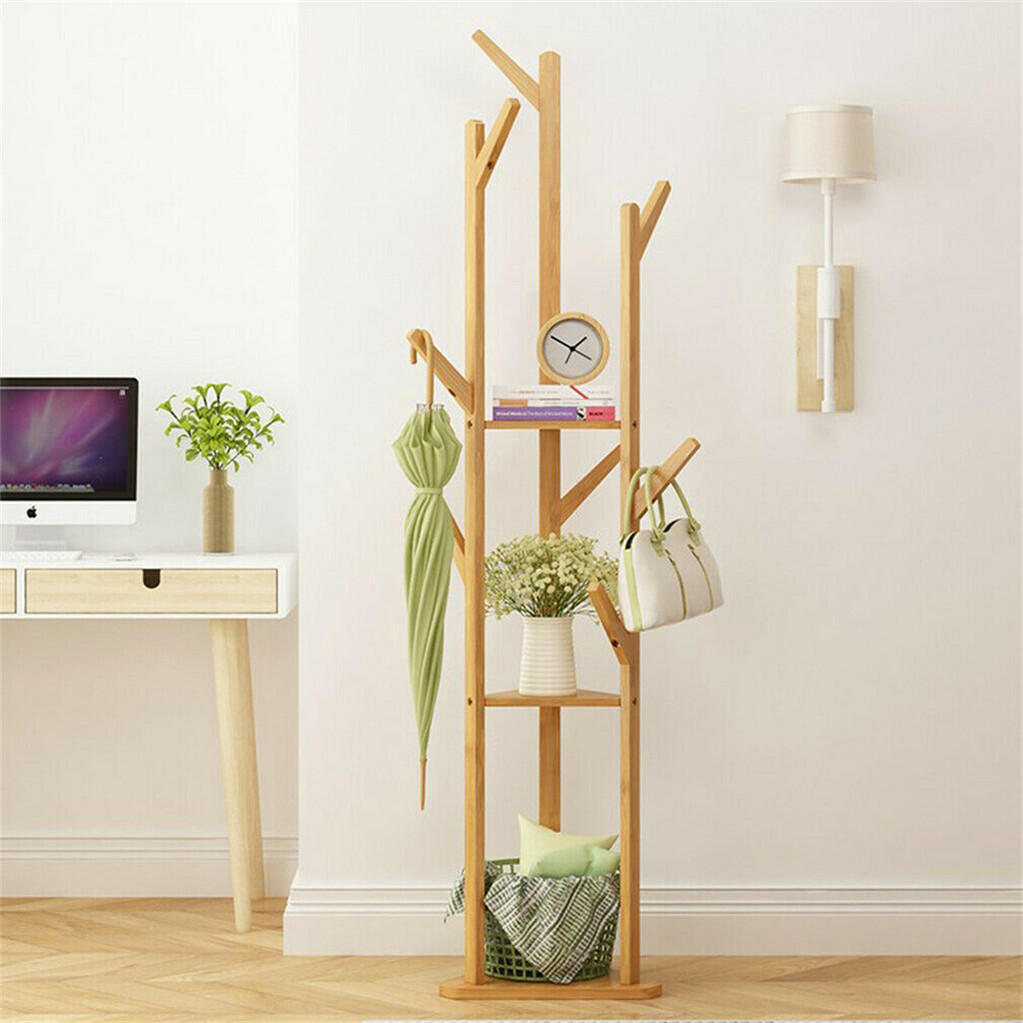 Solid Wood Floor Standing Hat Coat Jacket Hanger Storage Stand view 2