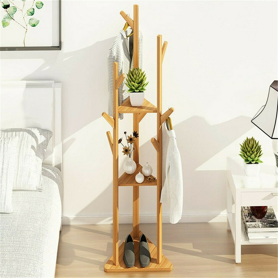 Solid Wood Floor Standing Hat Coat Jacket Hanger Storage Stand view 3