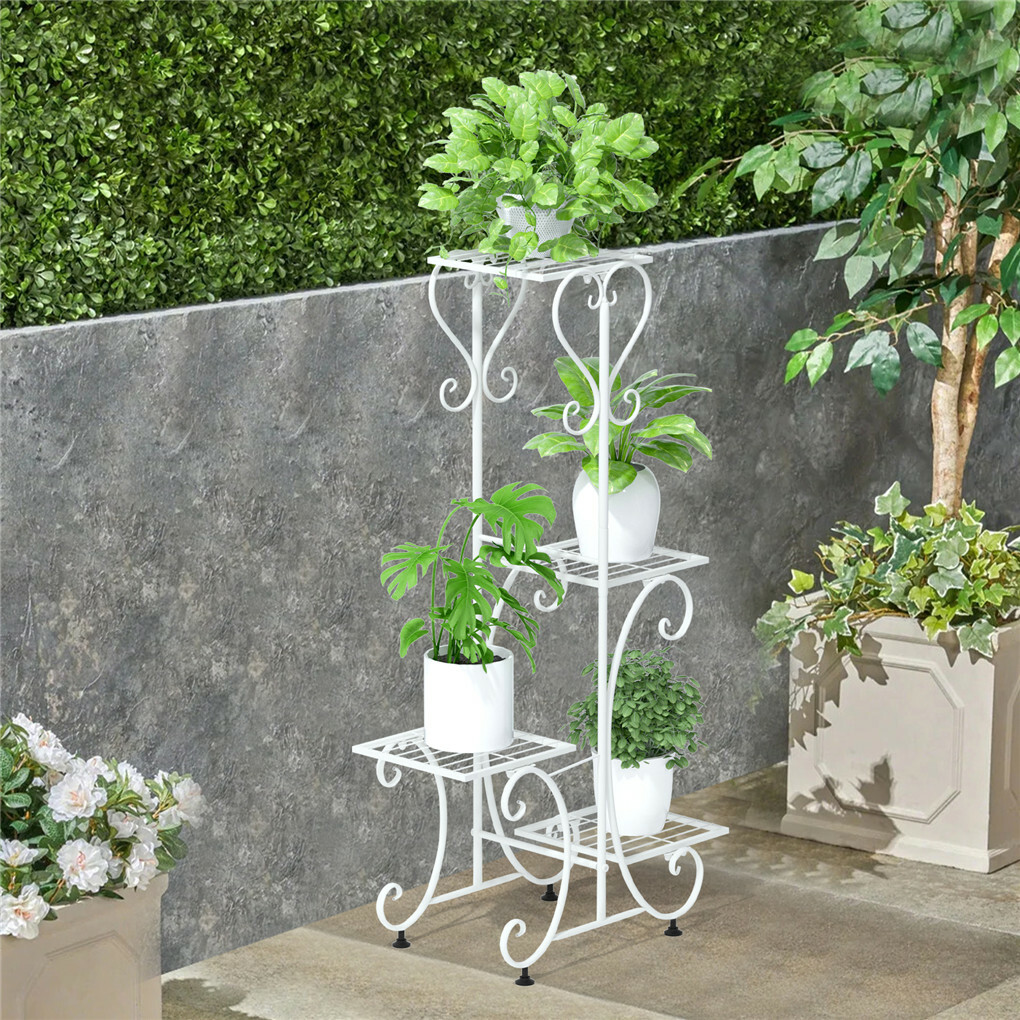 White Practical Plant Stand Wrought Iron Flower Pot Holder Corner Plant Shelf