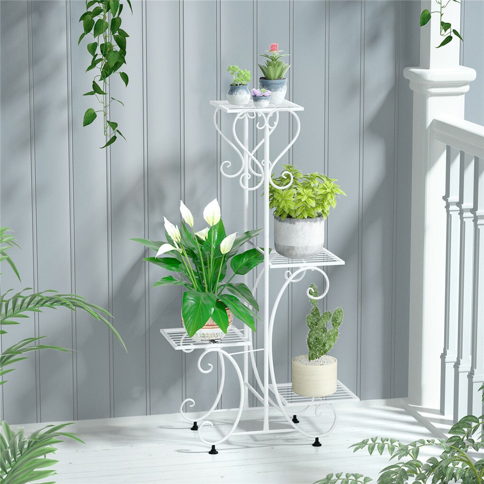 White Practical Plant Stand Wrought Iron Flower Pot Holder Corner Plant Shelf view 5