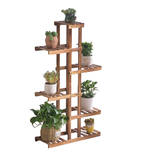 Fin Xxl Carbonized Wood Plant Stand 11 Pots Bonsai Display Shelf Flower Rack