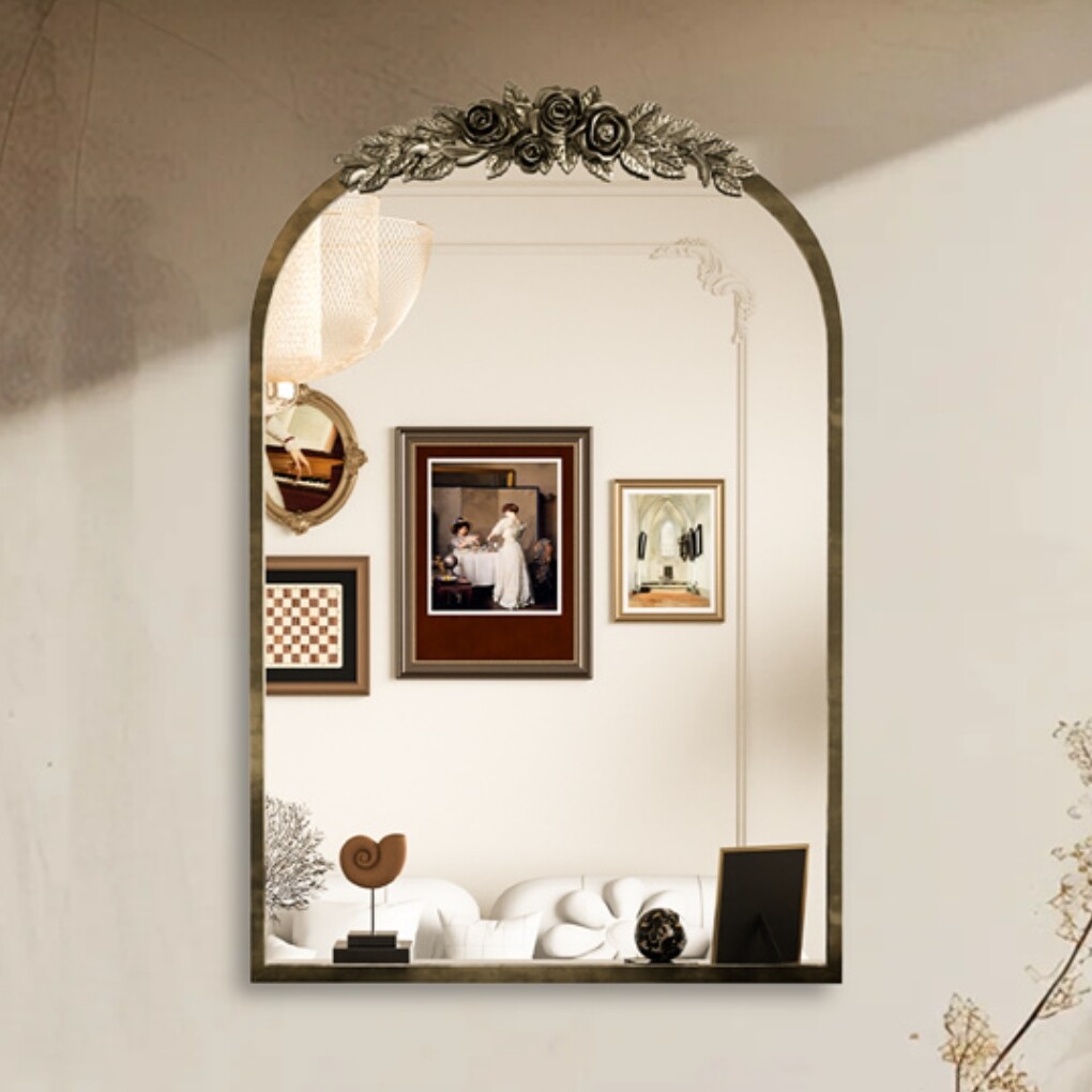 Antique Baroque Arched Wall Mirror Rose Edge Decorative Mirror Fireplace Entryway view 2