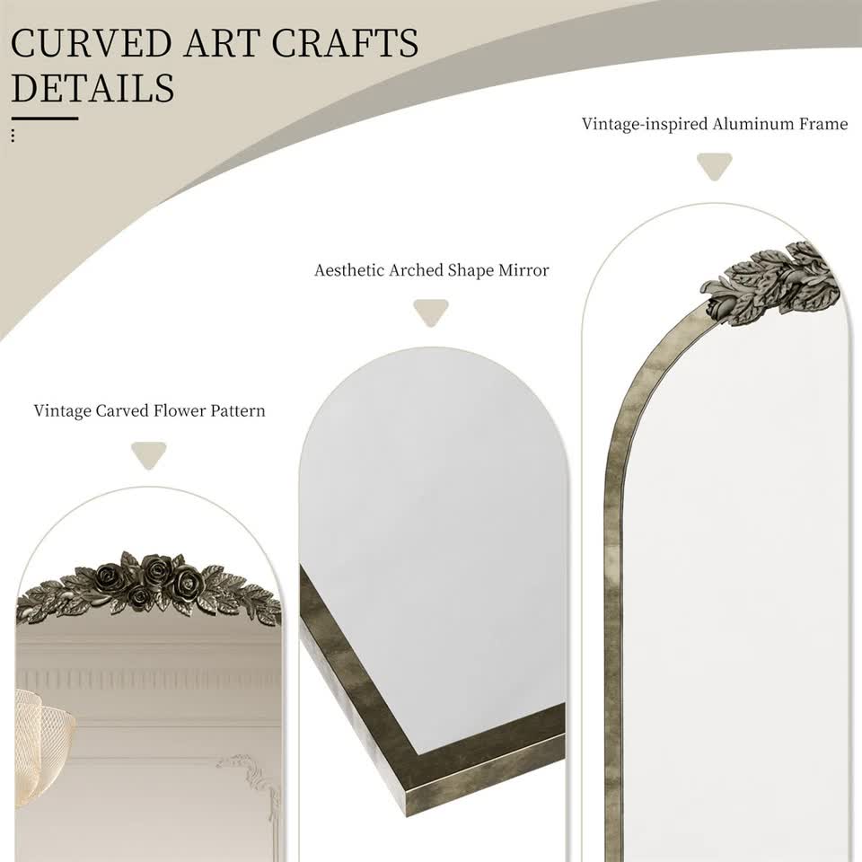 Antique Baroque Arched Wall Mirror Rose Edge Decorative Mirror Fireplace Entryway view 8