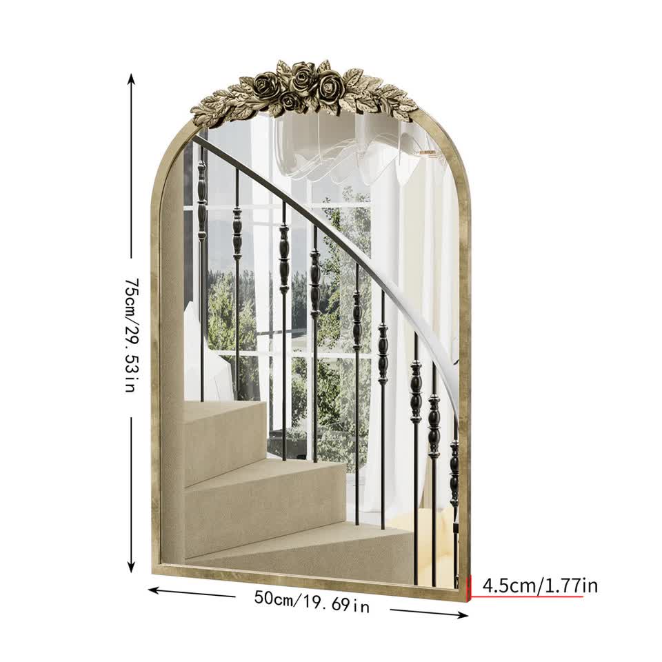 Antique Baroque Arched Wall Mirror Rose Edge Decorative Mirror Fireplace Entryway view 9