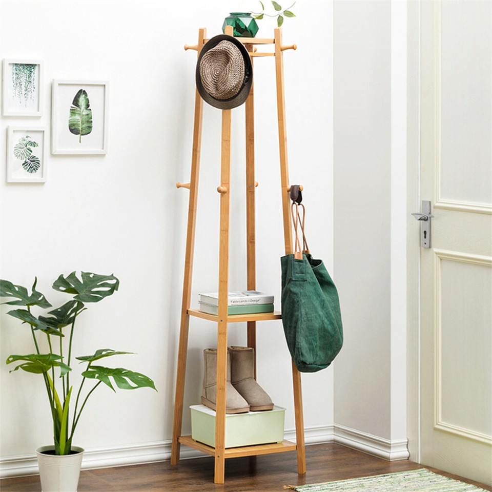 3 Layer 8 Hooks Shelf Clothes Coat Hat Rack Tree Stand Bamboo Hanger Organizer view 2