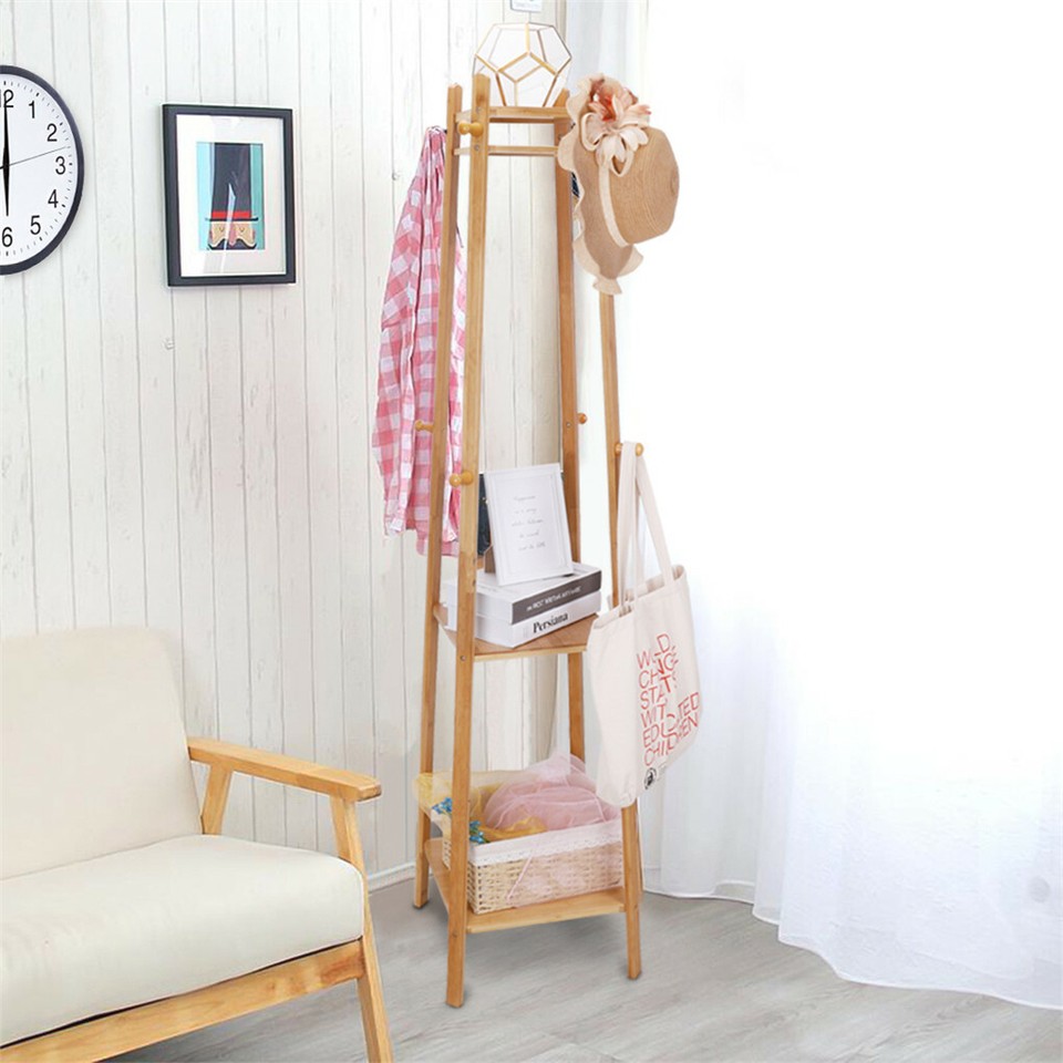 3 Layer 8 Hooks Shelf Clothes Coat Hat Rack Tree Stand Bamboo Hanger Organizer view 3
