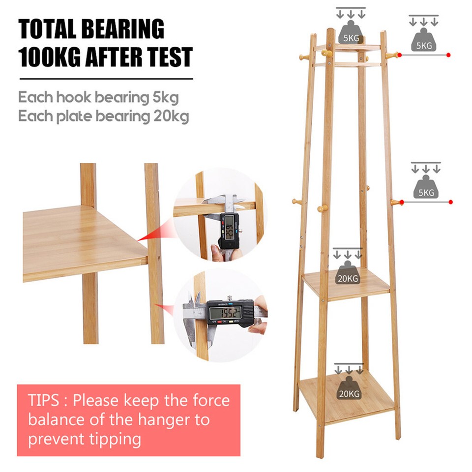 3 Layer 8 Hooks Shelf Clothes Coat Hat Rack Tree Stand Bamboo Hanger Organizer view 4