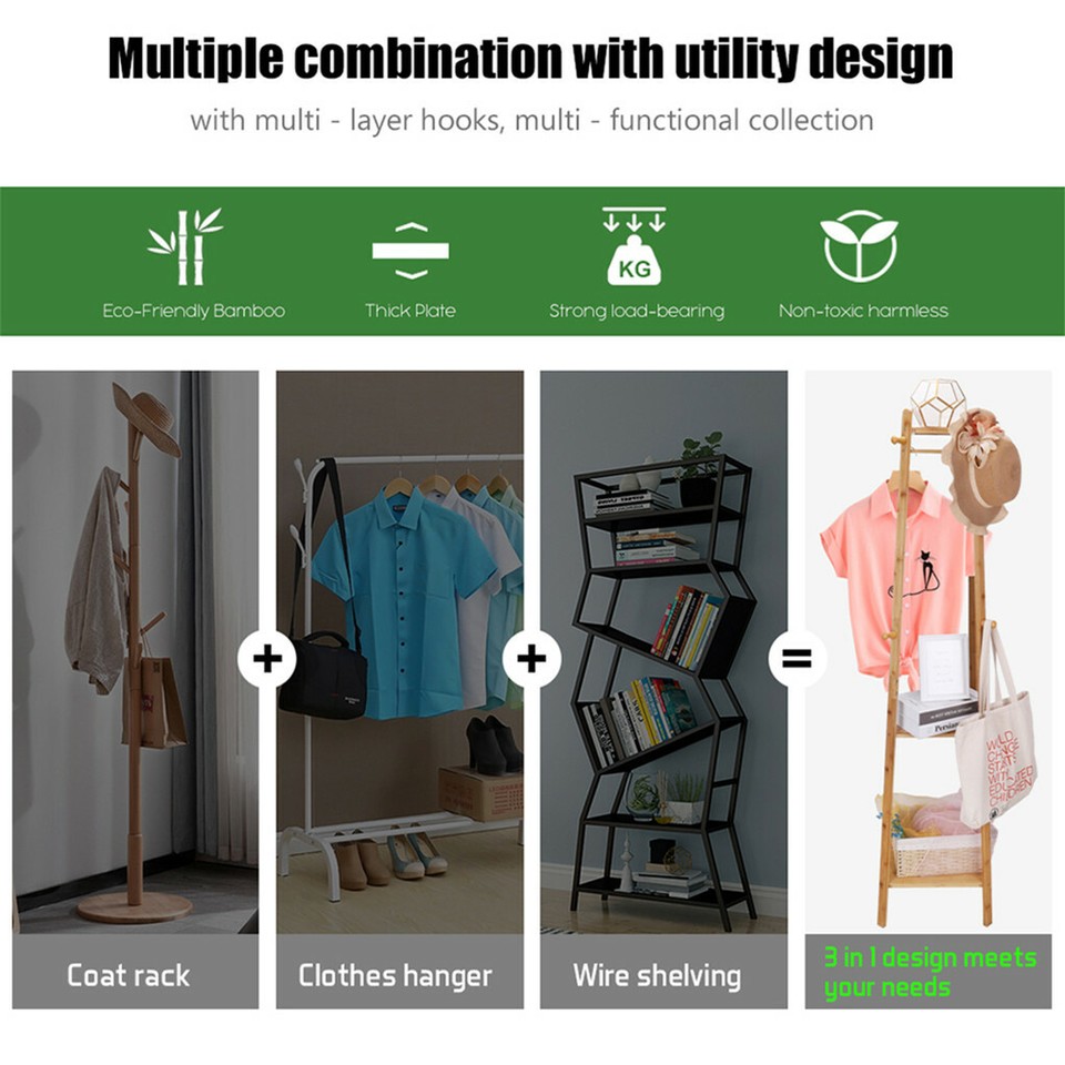 3 Layer 8 Hooks Shelf Clothes Coat Hat Rack Tree Stand Bamboo Hanger Organizer view 5