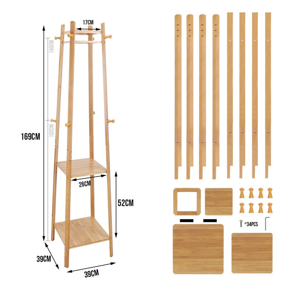 3 Layer 8 Hooks Shelf Clothes Coat Hat Rack Tree Stand Bamboo Hanger Organizer view 7