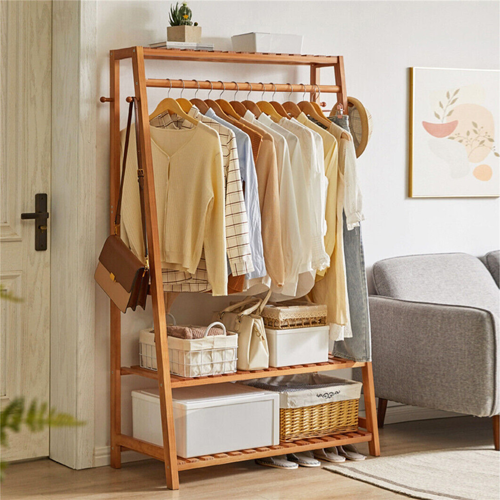 Bamboo Clothes Hanging Garment Rack Portable Laundry Rack Closet Storage Shelves view 5