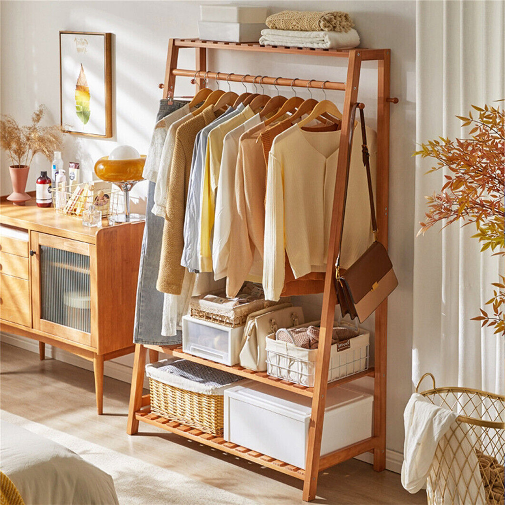 Bamboo Clothes Hanging Garment Rack Portable Laundry Rack Closet Storage Shelves view 6