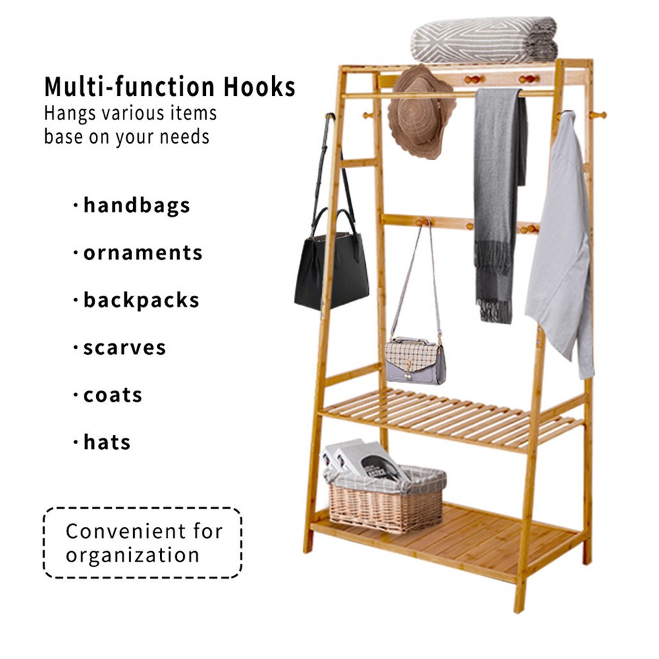 Bamboo Clothes Hanging Garment Rack Portable Laundry Rack Closet Storage Shelves view 7