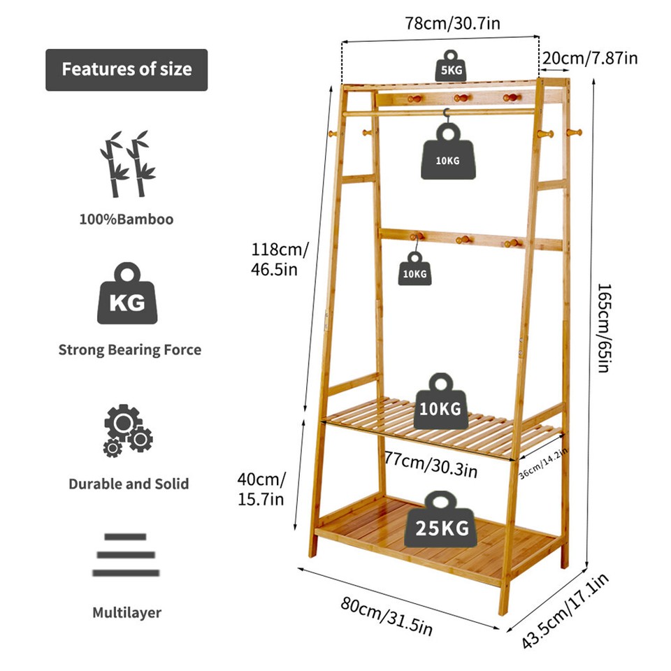 Bamboo Clothes Hanging Garment Rack Portable Laundry Rack Closet Storage Shelves view 8
