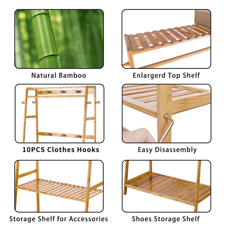 Bamboo Clothes Hanging Garment Rack Portable Laundry Rack Closet Storage Shelves view 9