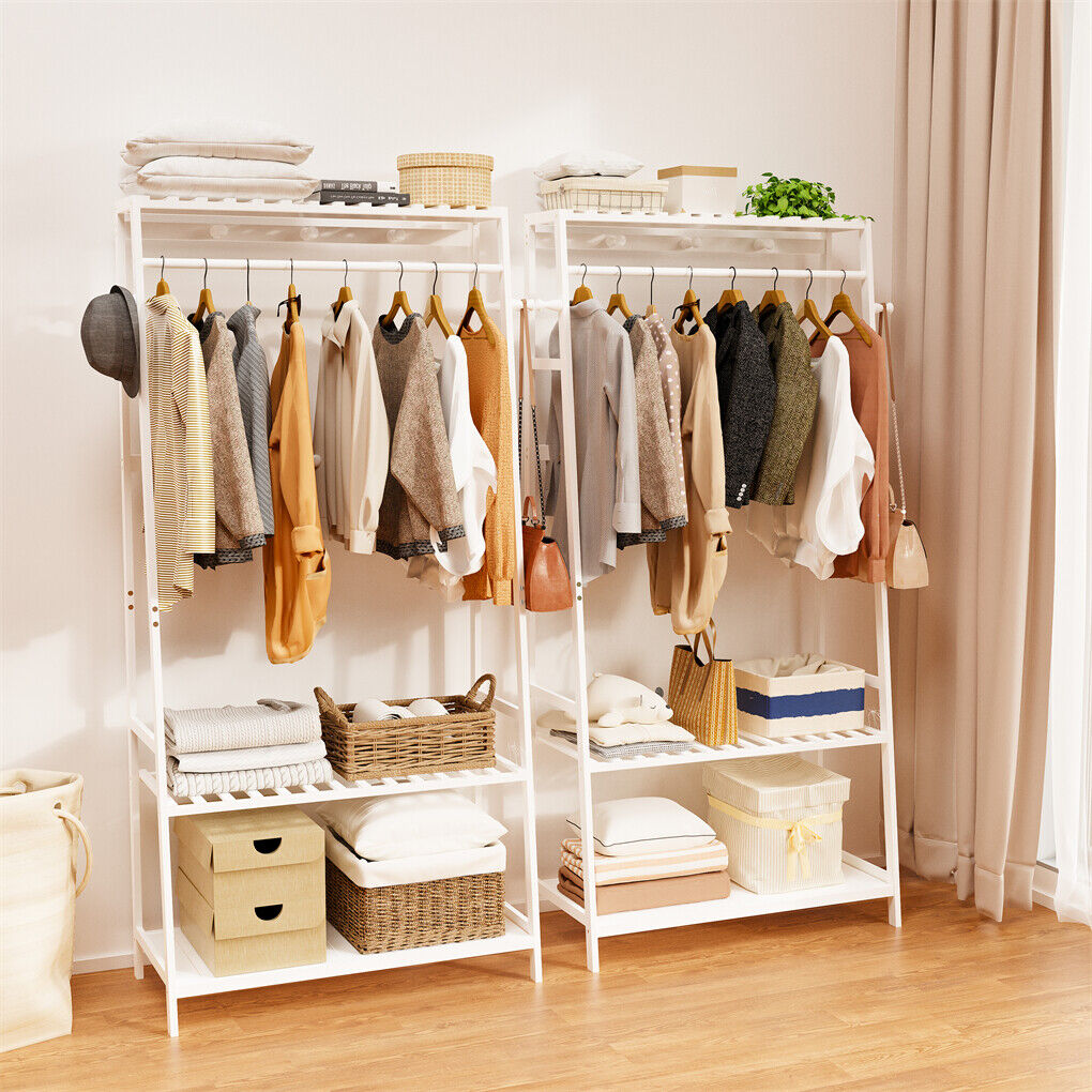 Large White Bamboo Garment Clothes Rack Shoes Coats Shelf w/ 3 Shelves & 10 Hook view 2