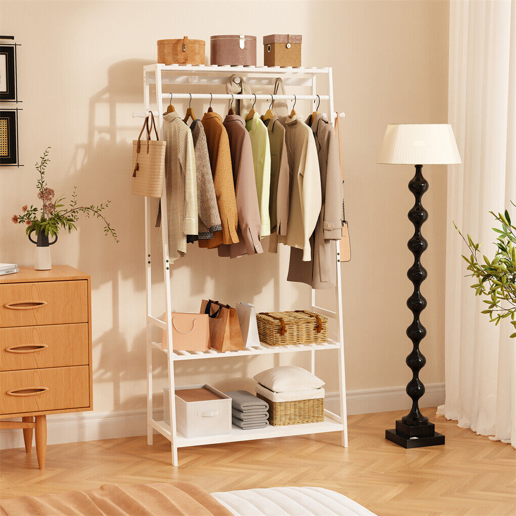 Large White Bamboo Garment Clothes Rack Shoes Coats Shelf w/ 3 Shelves & 10 Hook view 3