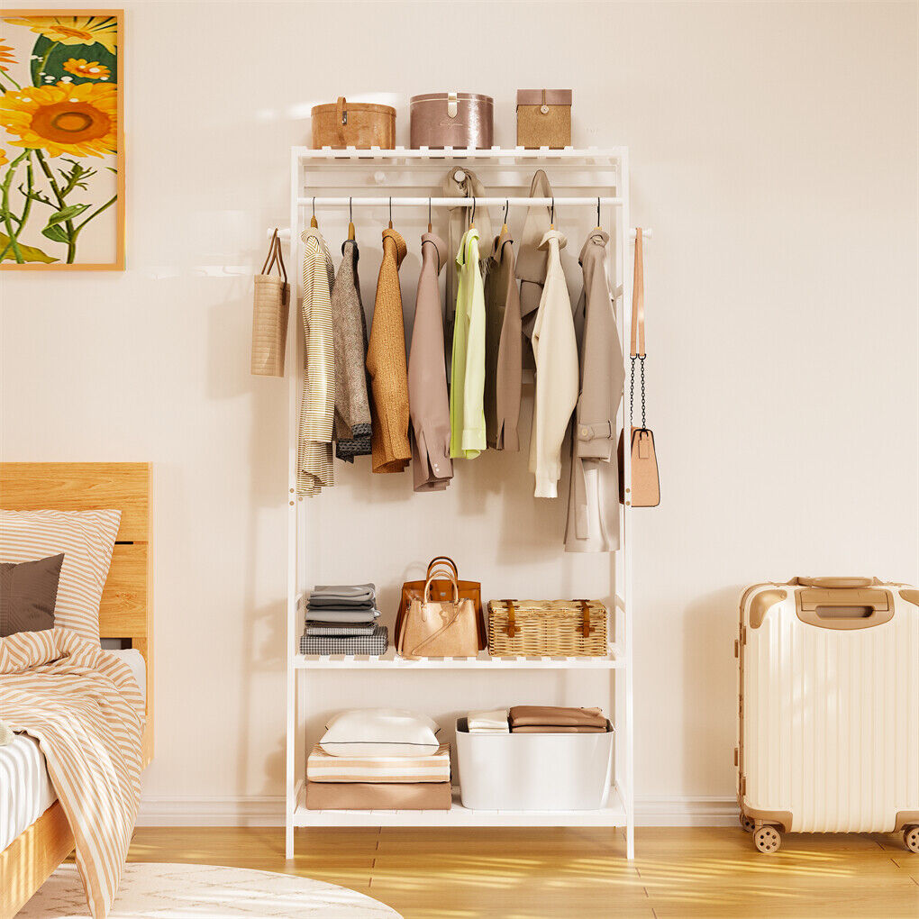 Large White Bamboo Garment Clothes Rack Shoes Coats Shelf w/ 3 Shelves & 10 Hook view 4