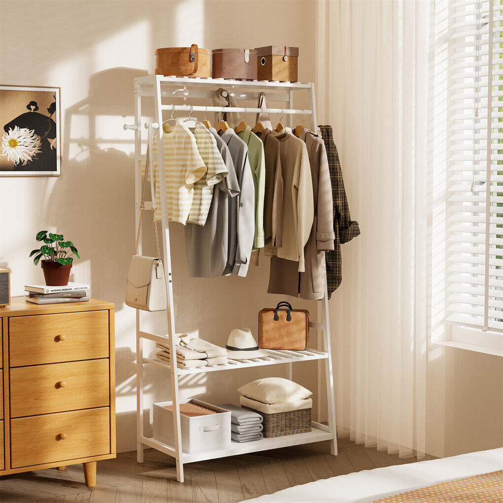 Large White Bamboo Garment Clothes Rack Shoes Coats Shelf w/ 3 Shelves & 10 Hook view 5