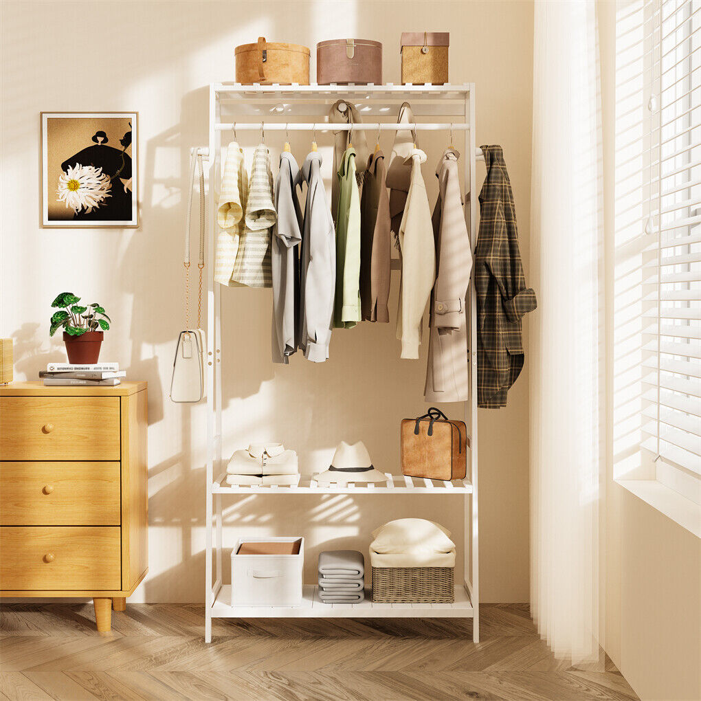 Large White Bamboo Garment Clothes Rack Shoes Coats Shelf w/ 3 Shelves & 10 Hook view 6