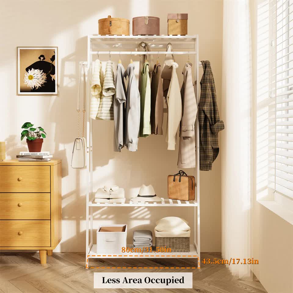Large White Bamboo Garment Clothes Rack Shoes Coats Shelf w/ 3 Shelves & 10 Hook view 7