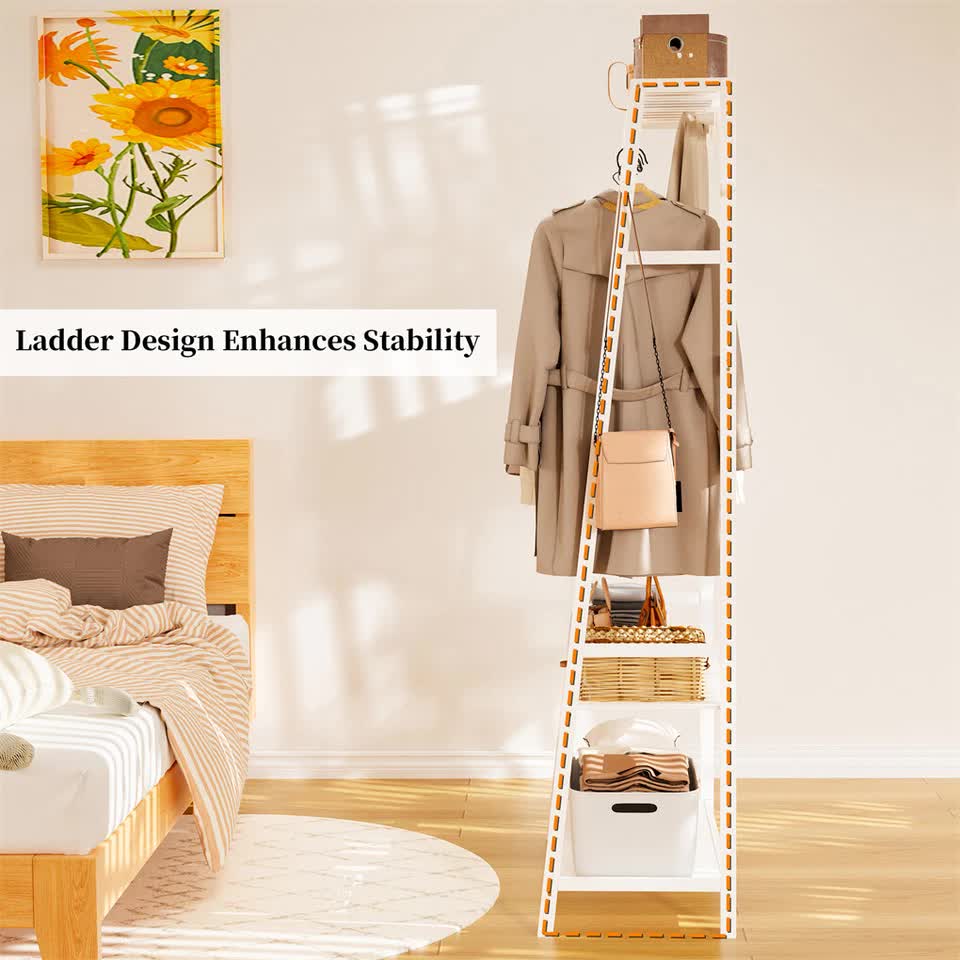 Large White Bamboo Garment Clothes Rack Shoes Coats Shelf w/ 3 Shelves & 10 Hook view 9