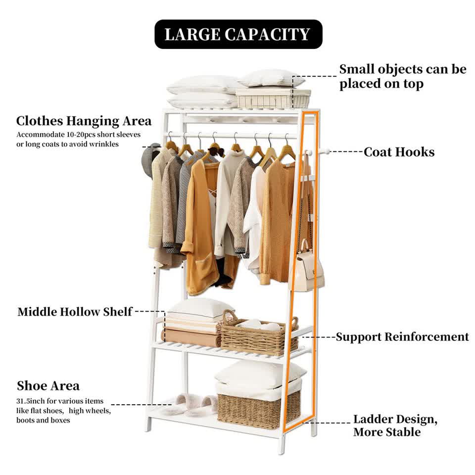 Large White Bamboo Garment Clothes Rack Shoes Coats Shelf w/ 3 Shelves & 10 Hook view 10