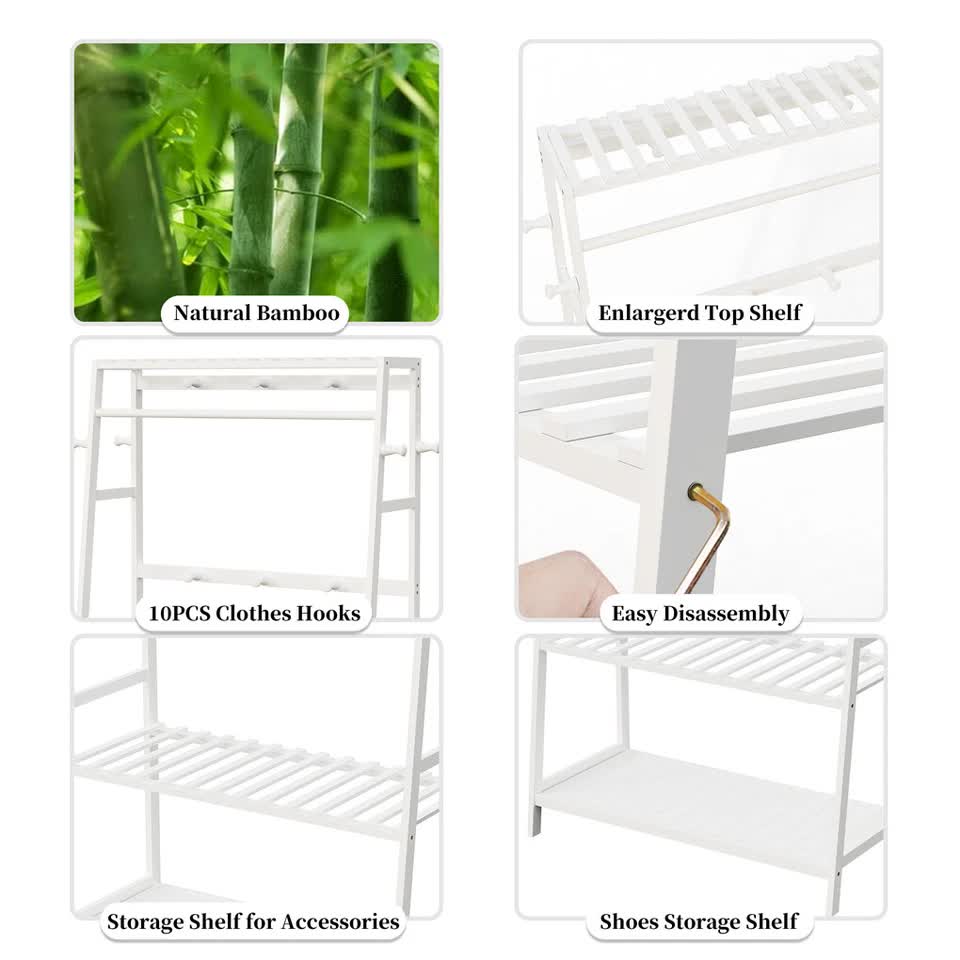 Large White Bamboo Garment Clothes Rack Shoes Coats Shelf w/ 3 Shelves & 10 Hook view 11