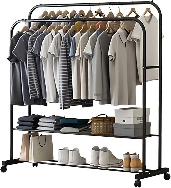 Heavy Thicken Metal Double Clothes Rail Sturdy Open Hanging Shelf Storage Rack view 2