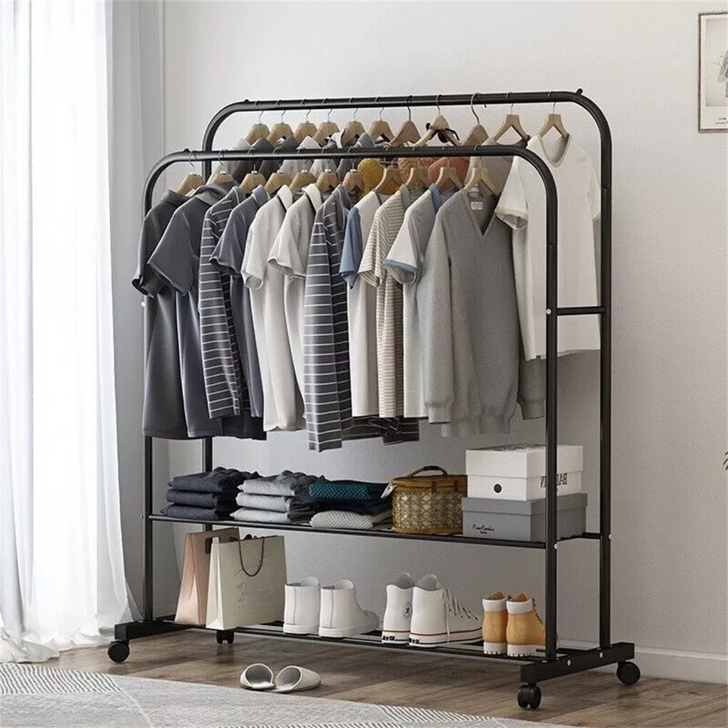 Heavy Thicken Metal Double Clothes Rail Sturdy Open Hanging Shelf Storage Rack view 3
