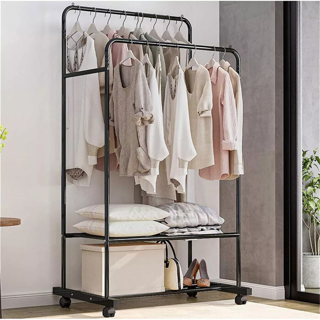Heavy Thicken Metal Double Clothes Rail Sturdy Open Hanging Shelf Storage Rack view 7