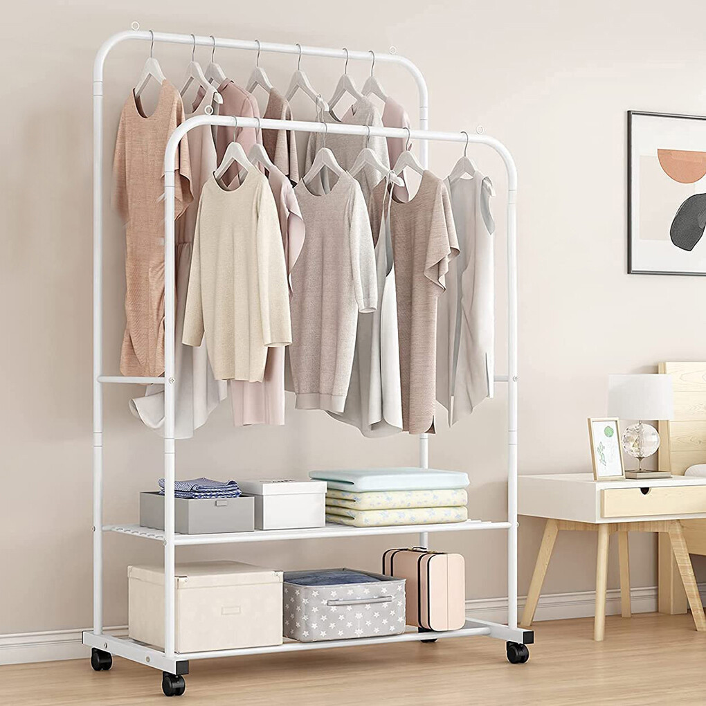 Heavy Duty Double Rail Garment Rack Rolling Clothes Rack 2Tier Storage Shelf view 3