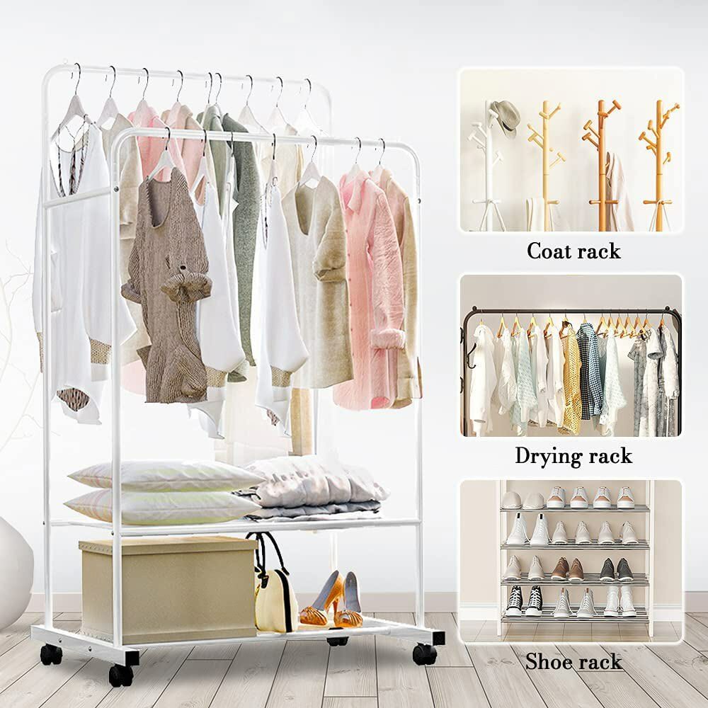 Heavy Duty Double Rail Garment Rack Rolling Clothes Rack 2Tier Storage Shelf view 4