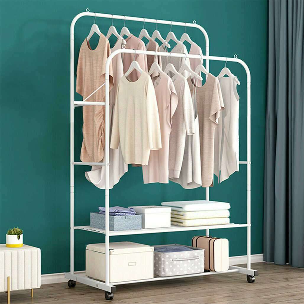 Heavy Duty Double Rail Garment Rack Rolling Clothes Rack 2Tier Storage Shelf view 5