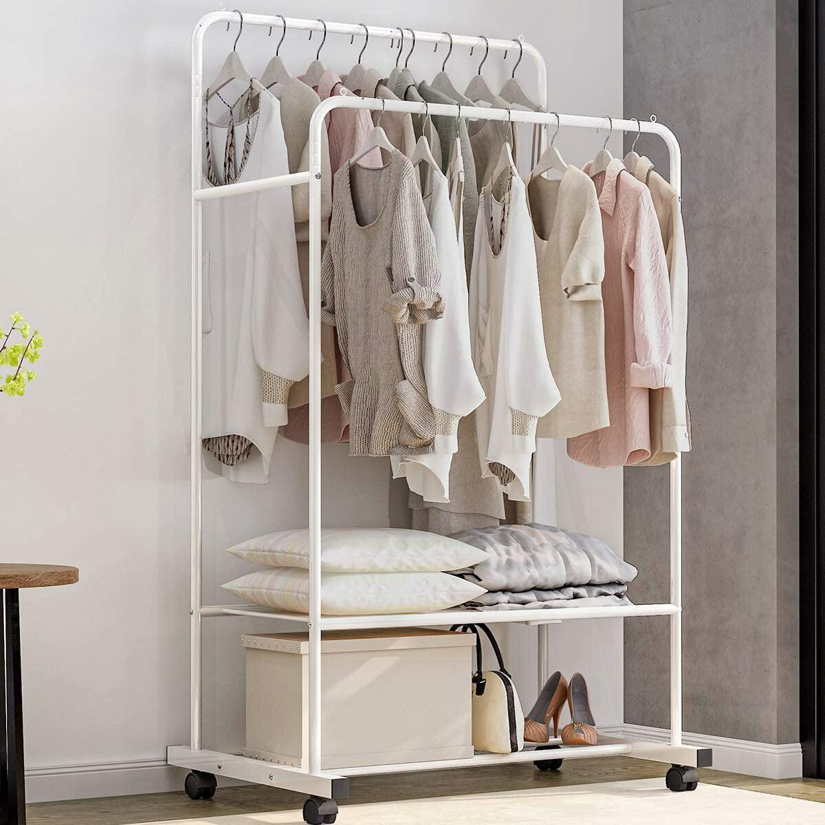 Heavy Duty Double Rail Garment Rack Rolling Clothes Rack 2Tier Storage Shelf view 6