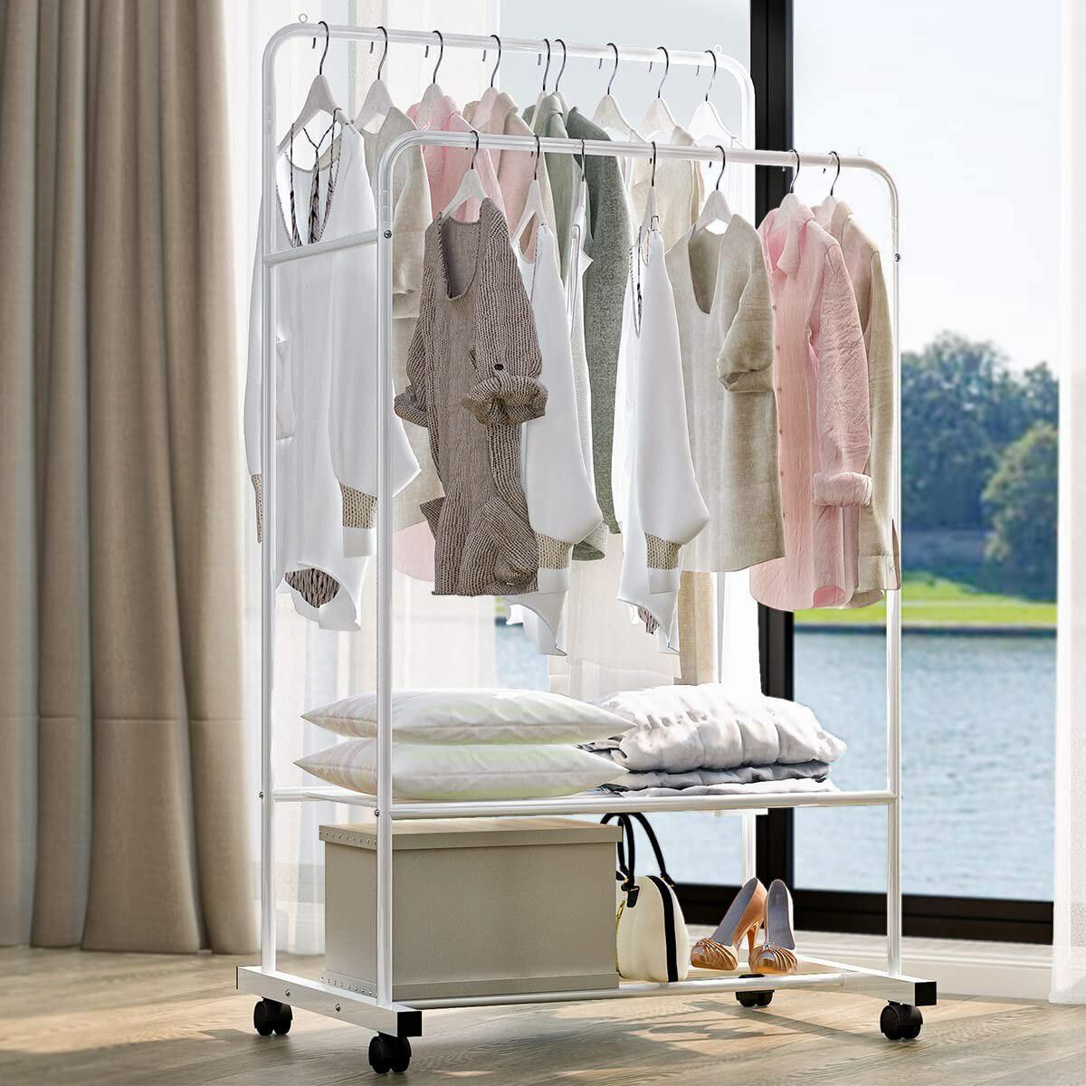Heavy Duty Double Rail Garment Rack Rolling Clothes Rack 2Tier Storage Shelf view 7