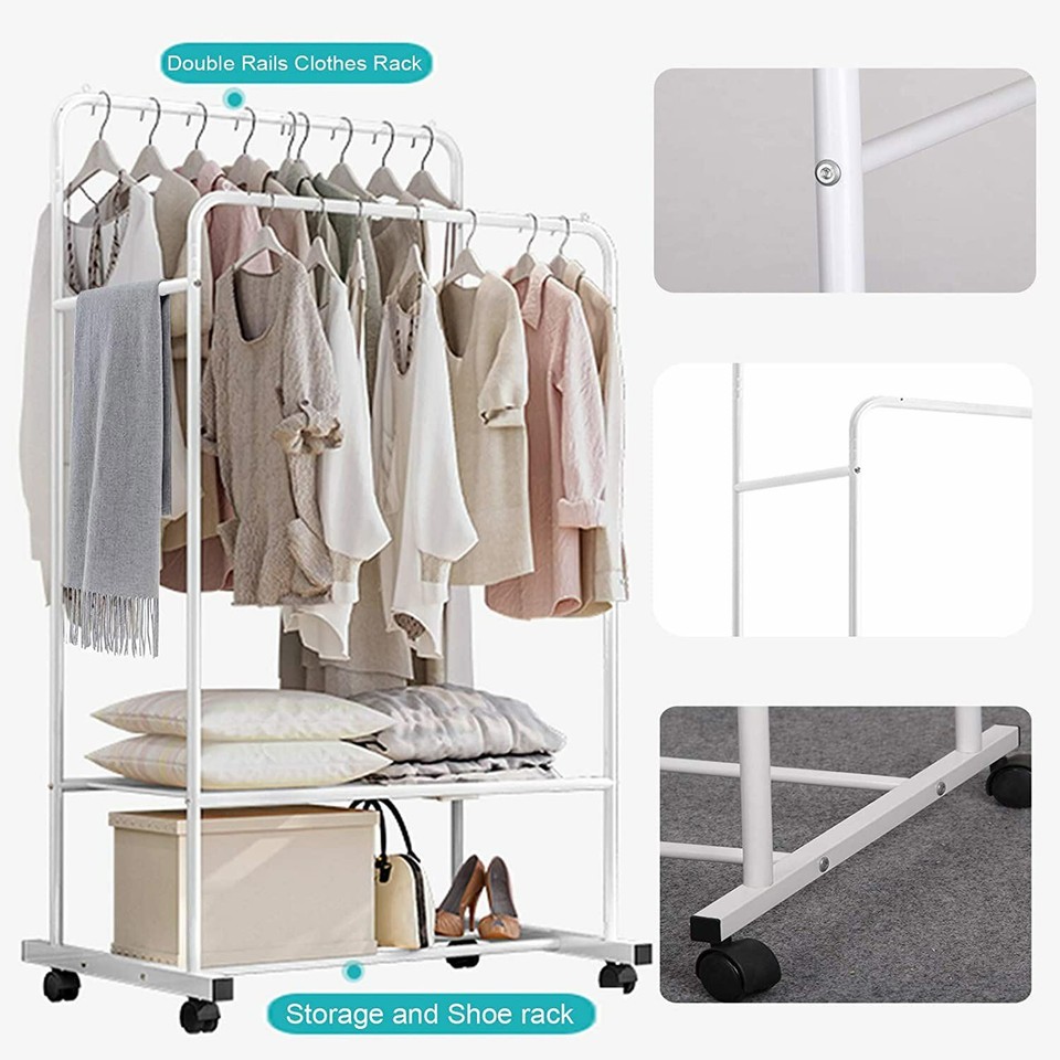 Heavy Duty Double Rail Garment Rack Rolling Clothes Rack 2Tier Storage Shelf view 8