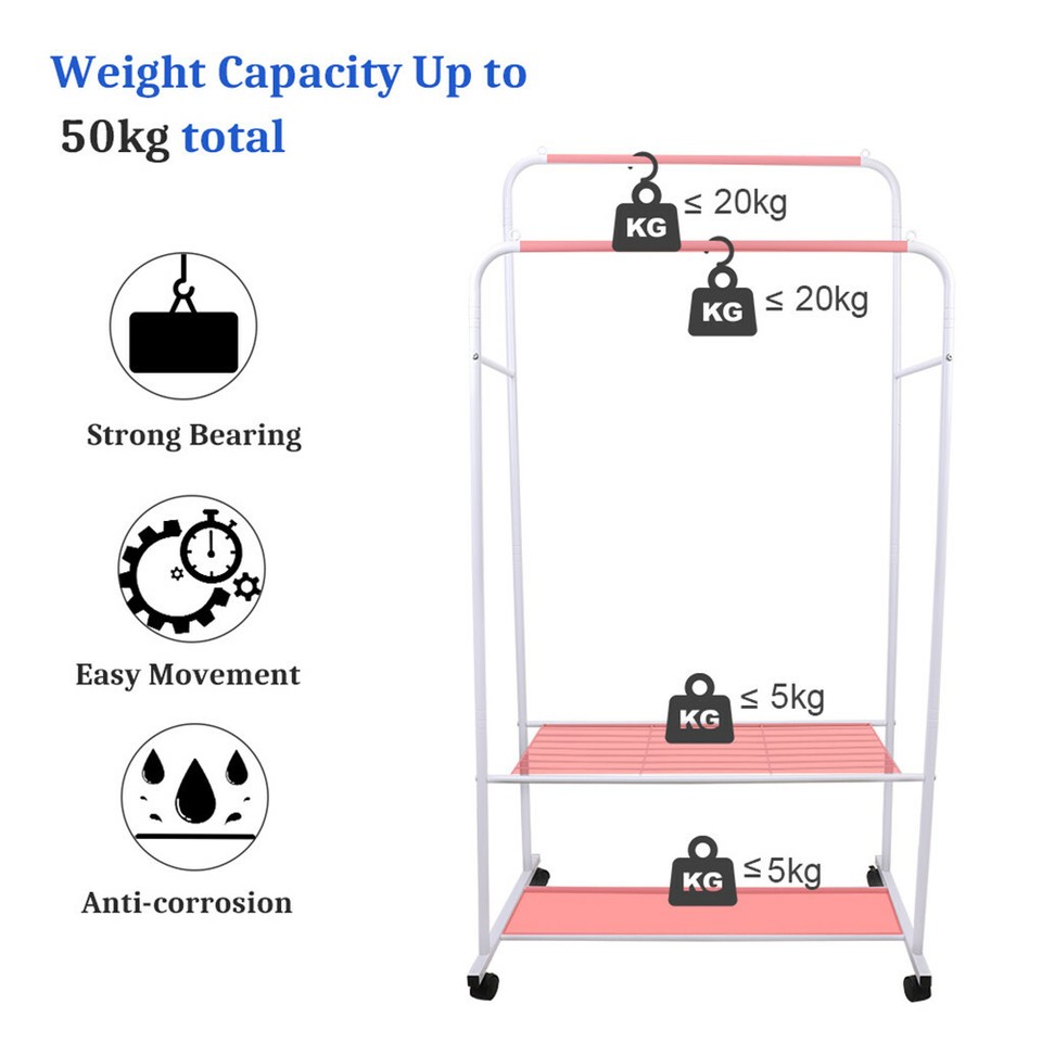 Heavy Duty Double Rail Garment Rack Rolling Clothes Rack 2Tier Storage Shelf view 9