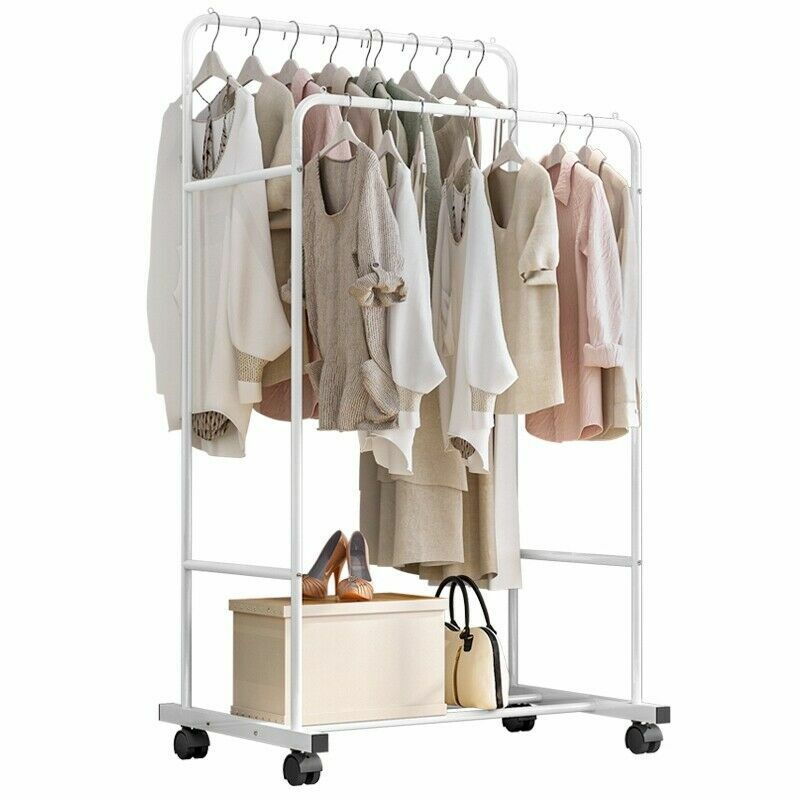 Heavy Duty Double Clothes Rail Rack Garment Hanging Display Stand 4 Wheel Armoir view 2