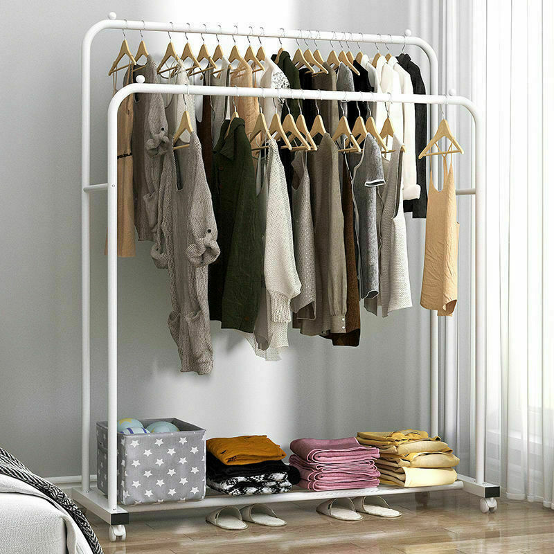 Heavy Duty Double Clothes Rail Rack Garment Hanging Display Stand 4 Wheel Armoir view 3