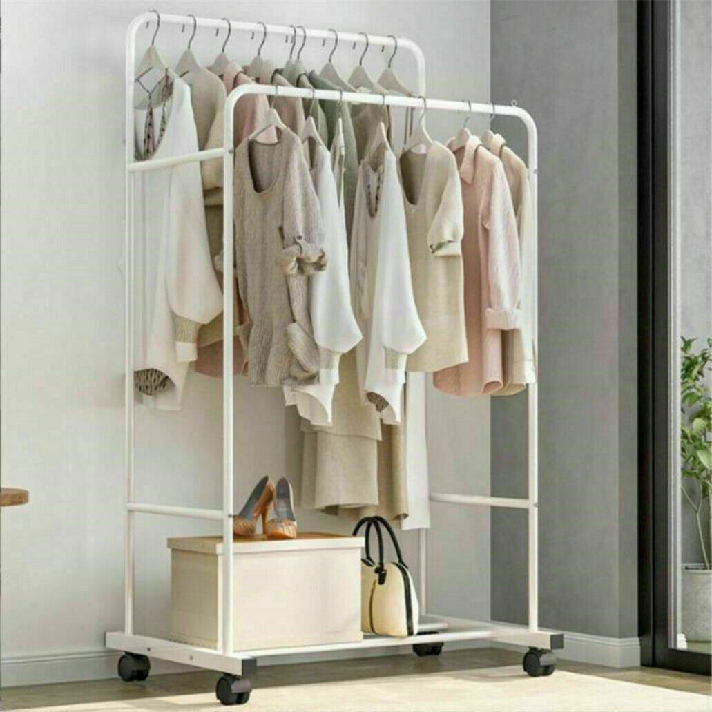 Heavy Duty Double Clothes Rail Rack Garment Hanging Display Stand 4 Wheel Armoir view 6