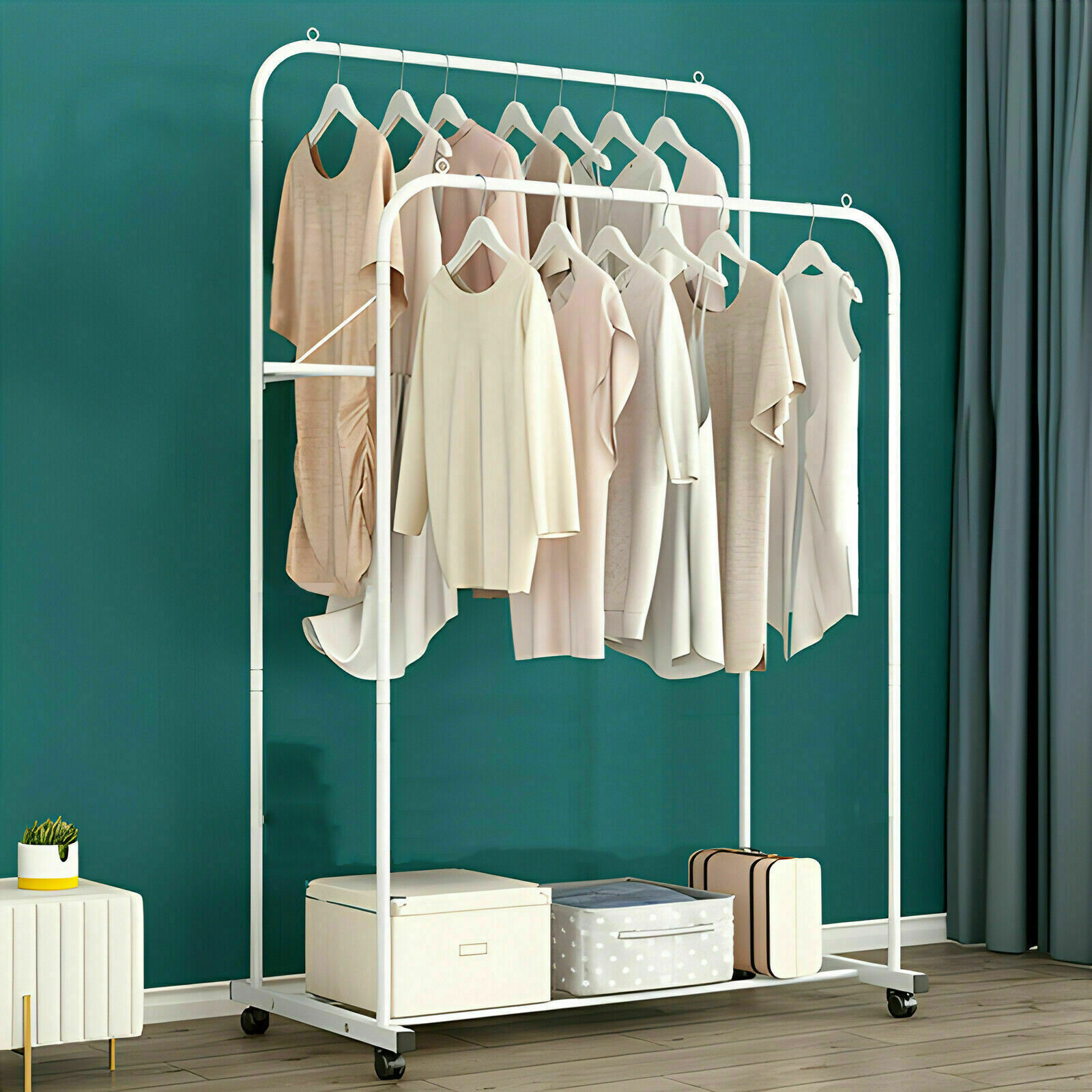 Heavy Duty Double Clothes Rail Rack Garment Hanging Display Stand 4 Wheel Armoir view 7