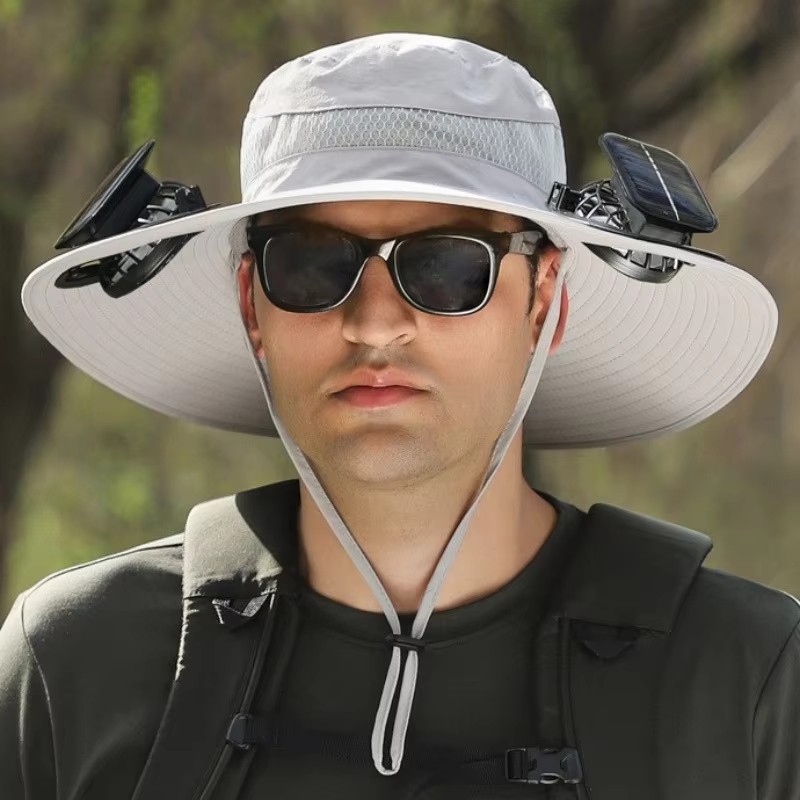 Grey Outdoor Sun Hat with Solar Fan Wide Brim 12cm - Rechargeable Cooling Cap