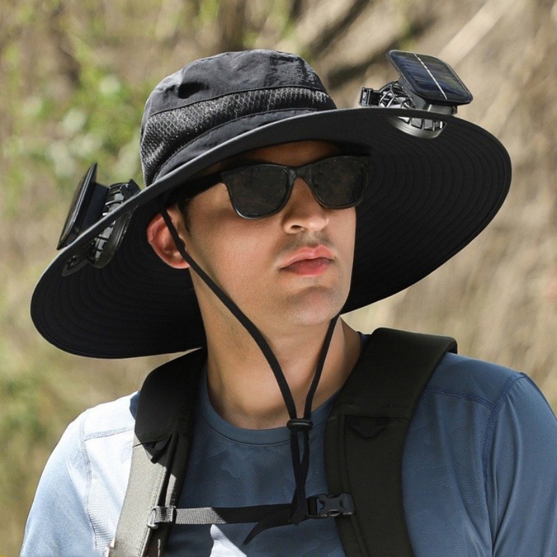 Grey Outdoor Sun Hat with Solar Fan Wide Brim 12cm - Rechargeable Cooling Cap view 3