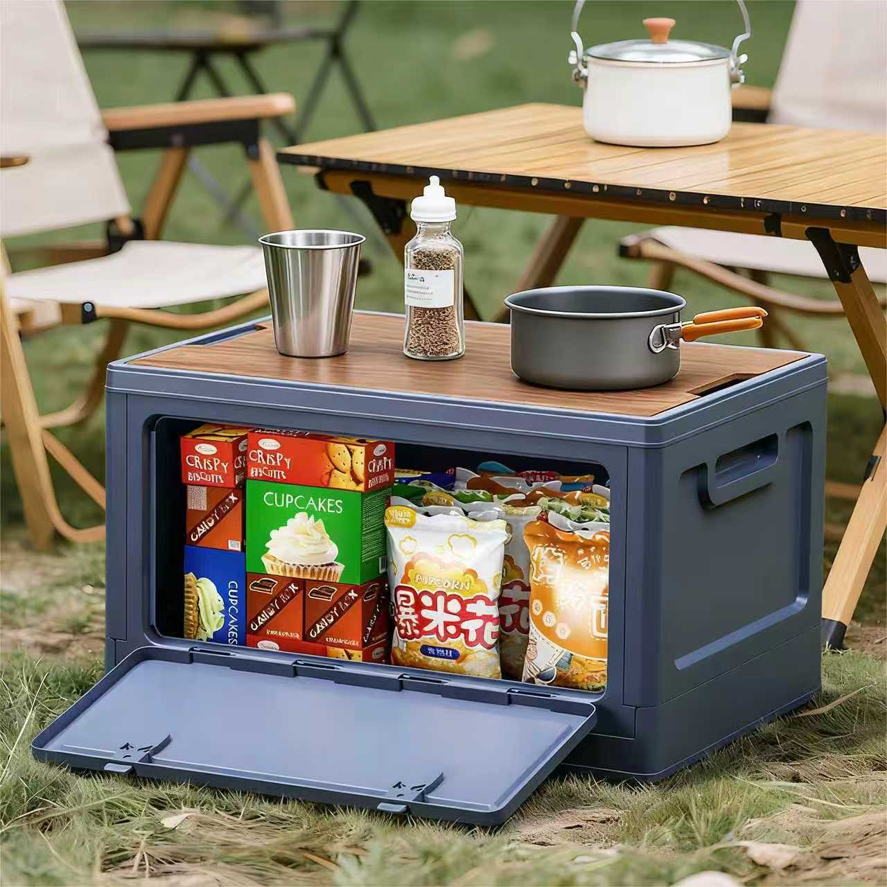 40cm Green Multifunctional Foldable Storage Box with Wooden Lid - Collapsible view 5