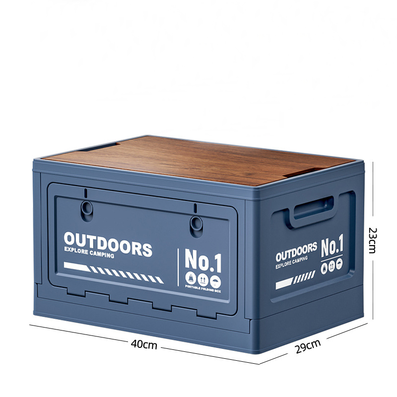 40cm Blue Multifunctional Foldable Storage Box with Wooden Lid - Collapsible