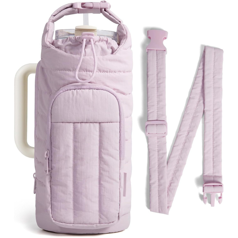 purple Quilted Water Bottle Carrier Bag with Large Phone Pocket - Insulated